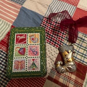 RETIRED Brighton Silver and Gold Ornament with Red Ribbon (in tin)
